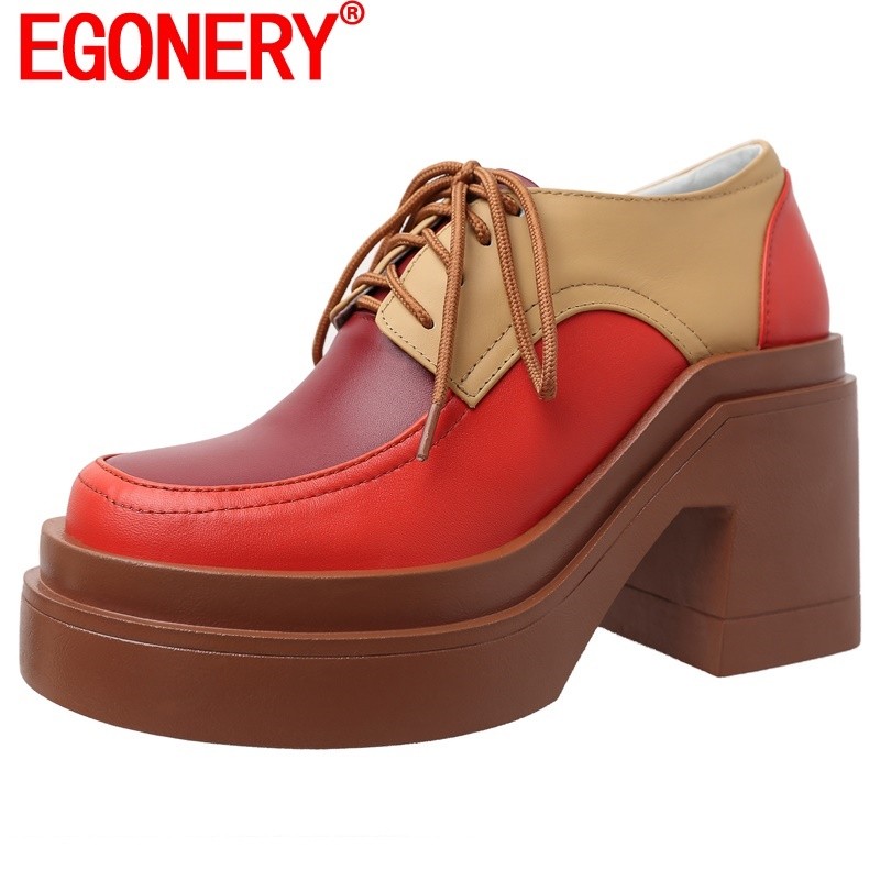 EGONERY New Style Women Shoes Genuine Leather Platform Super Thick High Heel Punk Style Fashion Lace Up Pumps Ladies Dress Shoe