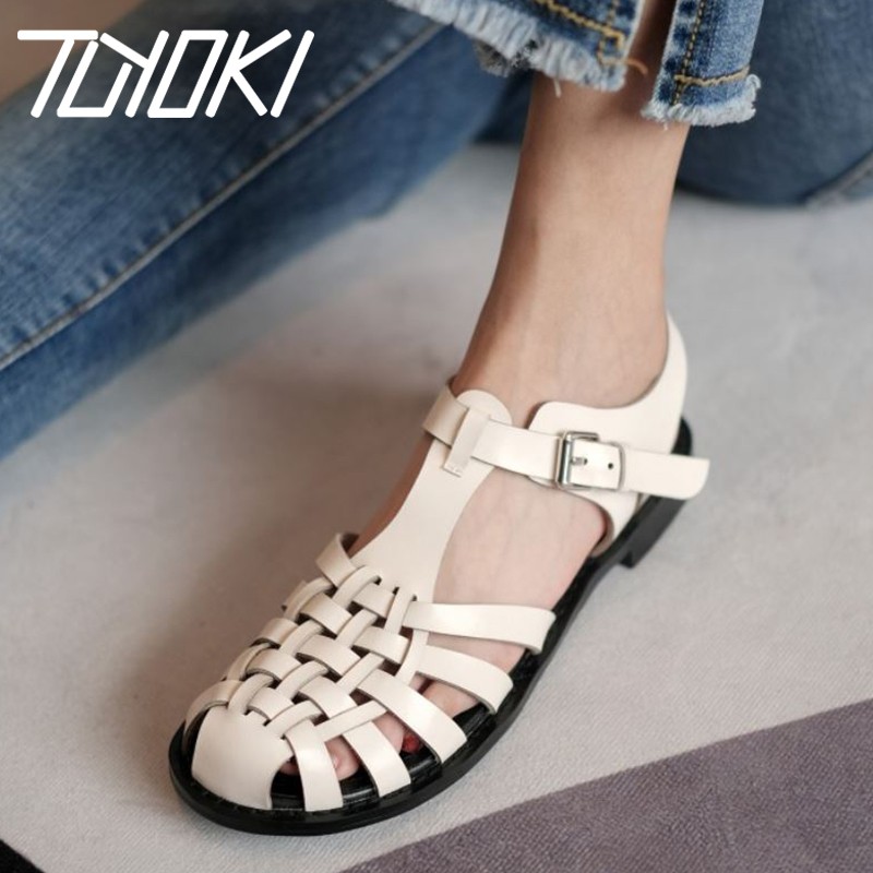 Tuyoki Real Leather Women Sandals 2022 New Fashion Summer Flat Shoes Woman Daily Daily Office Lady Shoes Size 34-39