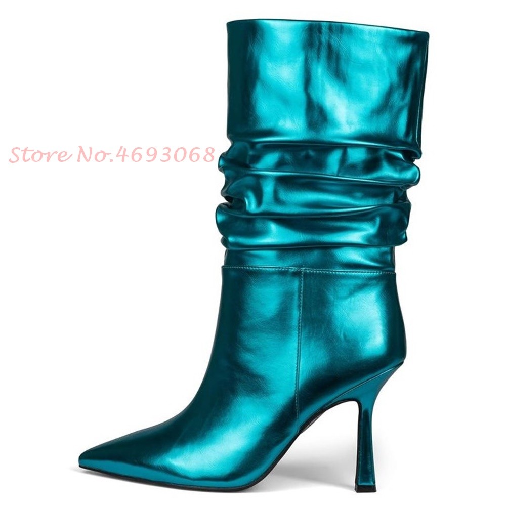 Metallic Leather Mid-Calf Boots Pleated Thin Heels Women Sexy Slip-On Pointed Toe Modern Boots 2022 Spring British Style Boots