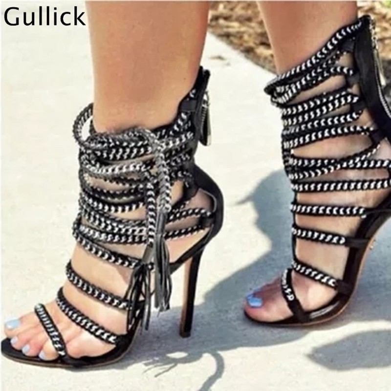 Strappy Heel Sandals Metal Chains Wrap High Heel Shoes Ankle Straps Tassel Gladiator Summer Hollow Dress Shoes Sandals