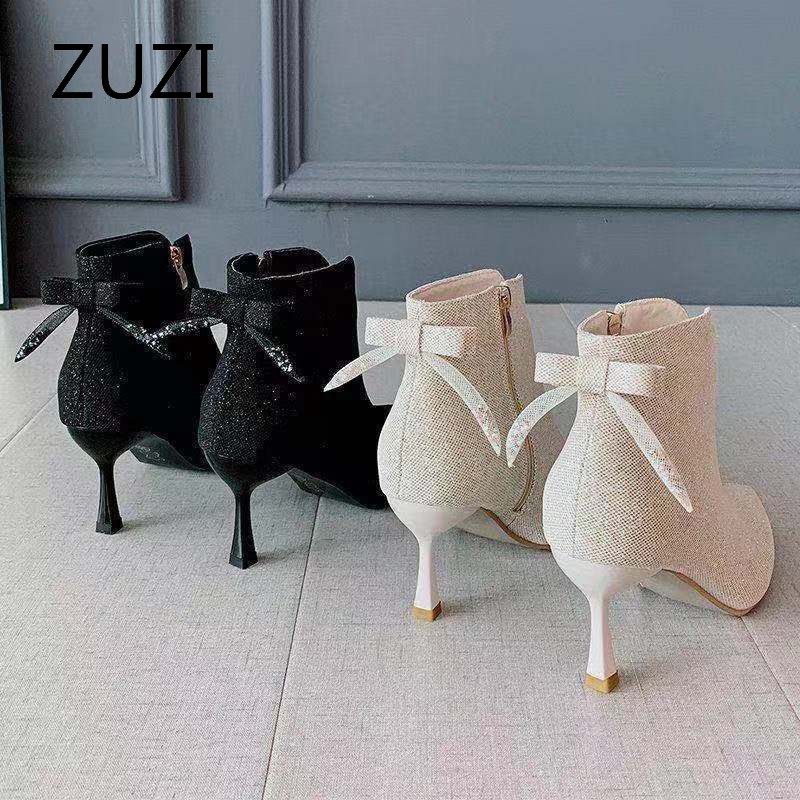 ZUZI Pointed stiletto bow high heels 2021 autumn and winter new martin boots female side zipper rhinestone short boots women