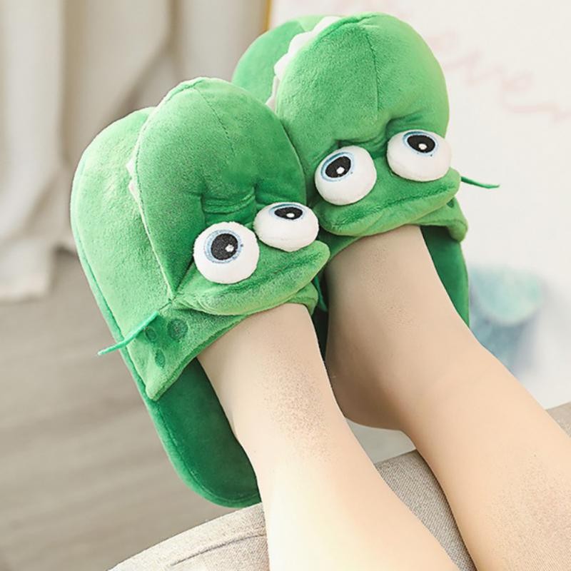 Cotton slippers female autumn and winter cartoon Kawaii cute frog plush warm shoes non-slip indoor confinement home shoes