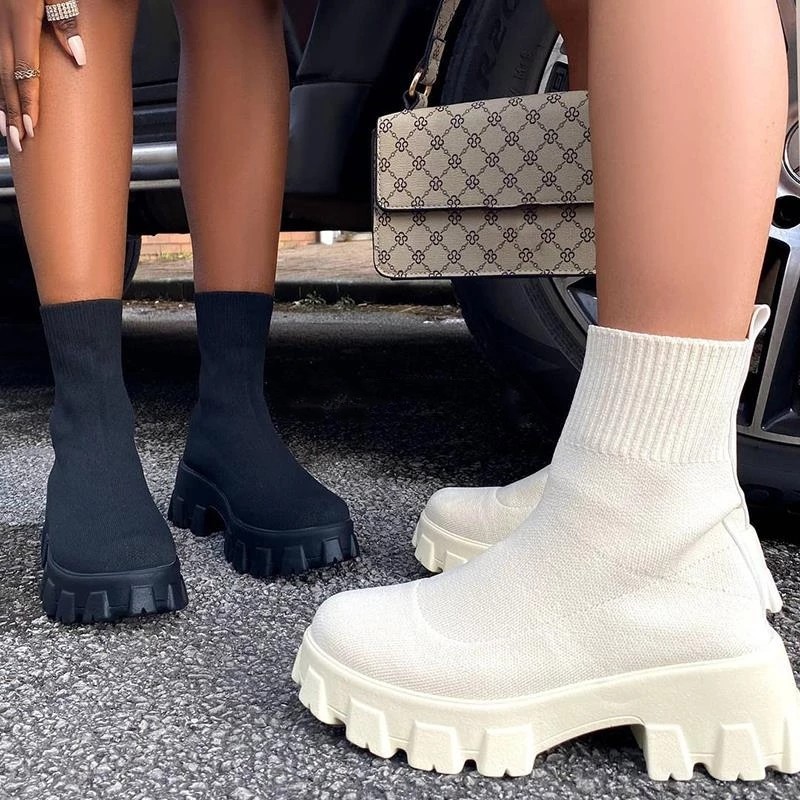 Fashion Ankle Boots Platform Women Boot Knitted Stretch Sock Boot Woman Boots Elastic Fabric Autumn Winter Boots Female Boots