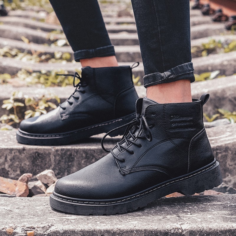 Black Leather Men Boots Lace Up Platform Ankle Boots Street Style High Tops Casual Shoes Fashion Combat Boots For Men