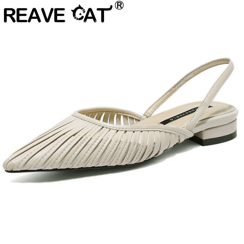 REAVE CAT Genuine Leather Women Sandals Flats Pointed Toe Shallow Back Strap Hollow Size 34-40 Solid Black Apricot Summer S3659