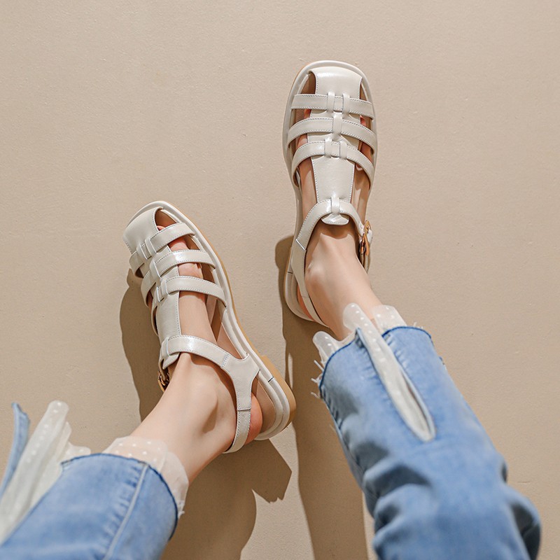 2022 New Women Real Leather Shoes Summer Sandals Buckle Strap Low Heel Hollow Out Beach Sandals Cool Women's Shoes Size 34-39