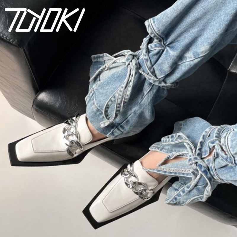 Tuyoki Genuine Leather Women Pumps Fashion Chains Stylish Loafers Spring Heels Shoes Woman Office Lady Daily Shoes Size 34-39