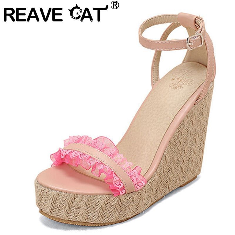 REAVE CAT 2022 Women Sandals Espadrilles Peep Toe Wedges Heel Lace Pleated Buckle Strap Big Size 30-48 Pink White Summer S3615