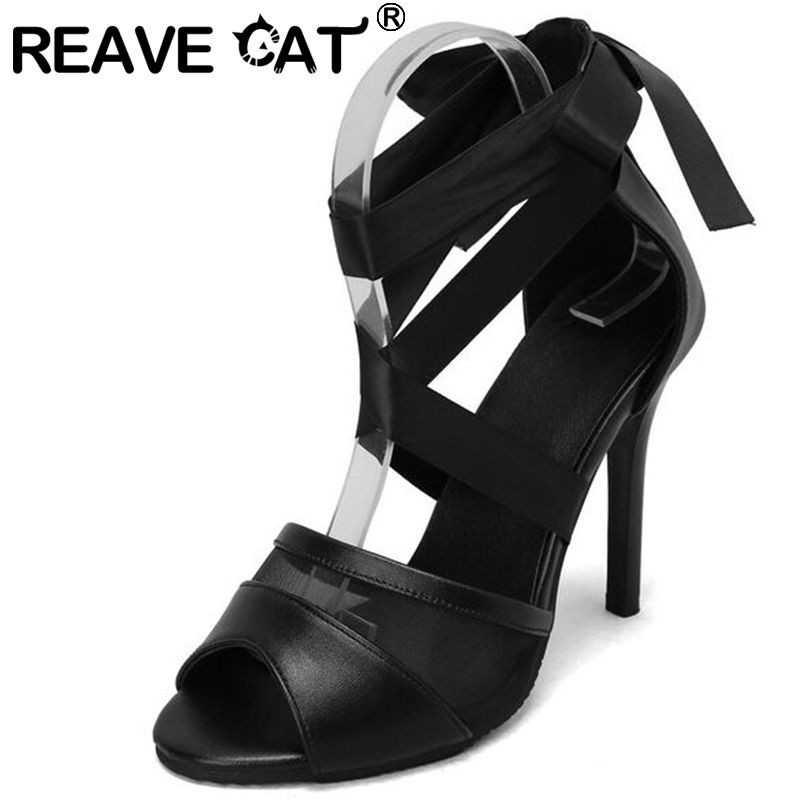 REAVE CAT Women Sandals Peep Toe Thin High Heels 10cm Breathable Mesh Pleated Ankle Strap Big Size 32-48 Black Summer Sexy S3619