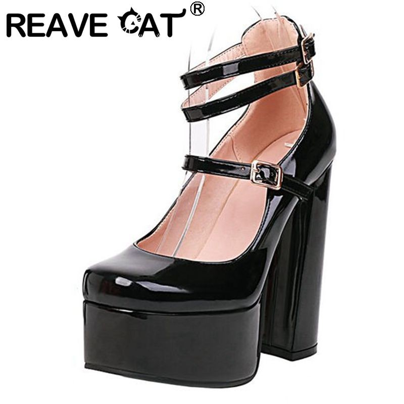 REAVE CAT Women Pumps Square Toe High Block Heels Buckle Straps Punk Platform Big Size 35-41 Solid Red Black Sexy Spring S3626