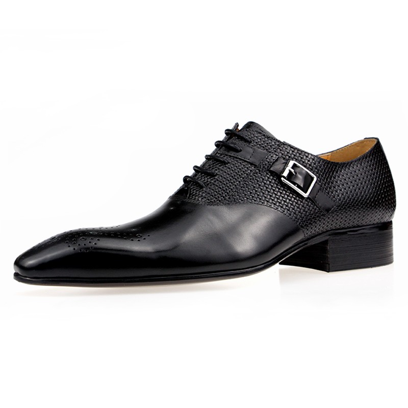 Male brogue wedding dress genuine leather lace-up handmade business casual custom shoes model fashion exquisite buckle ABS black