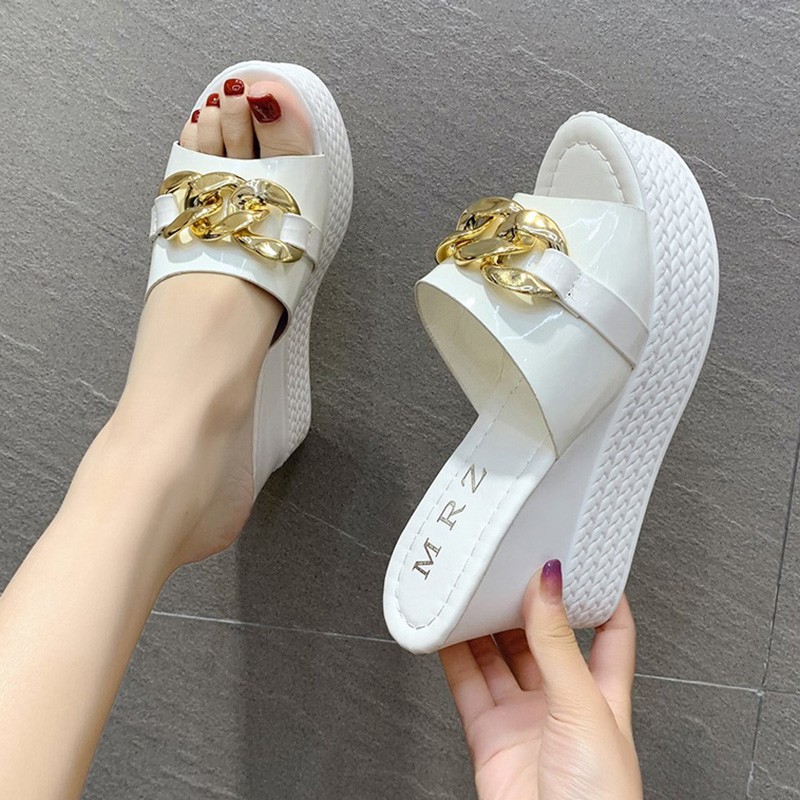 Chain High Heels Slippers Women Wedding Shoes Summer 2022 White Black Platform Wedges Slides Ladies Beach Slippers