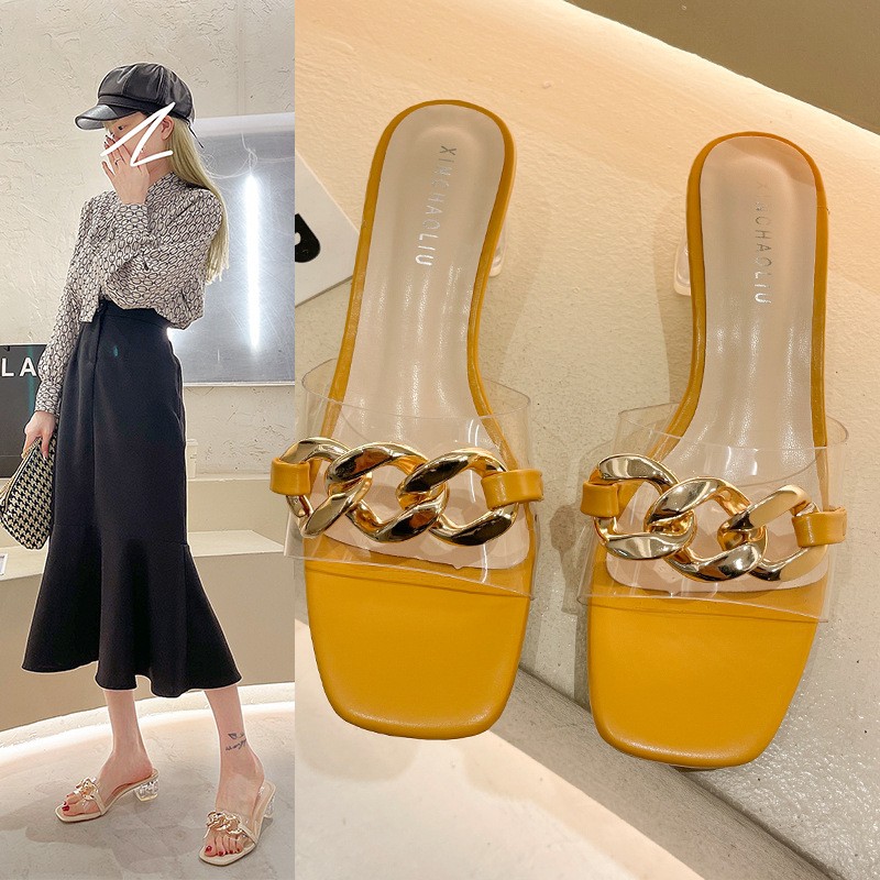 2022 Summer New Women's Thick Heel Sandals High Heel Slippers Metal Chain Decoration Inline Summer Shoes Women