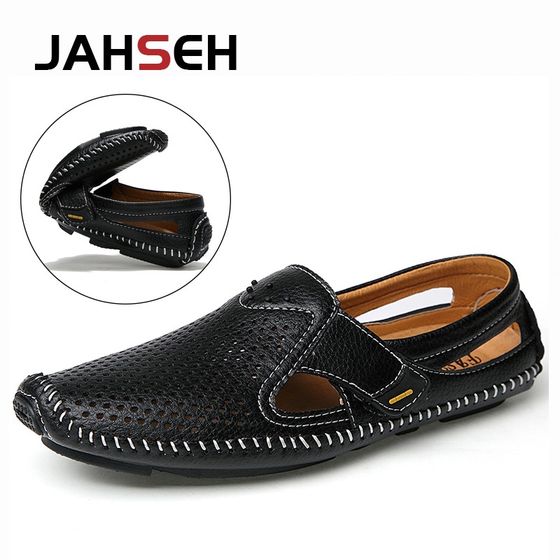 New Genuine Leather Men Casual Shoes Hollow Sandals Breathable Summer Driving Shoes Leather Outdoor Beach Shoes Plus Size 38~47