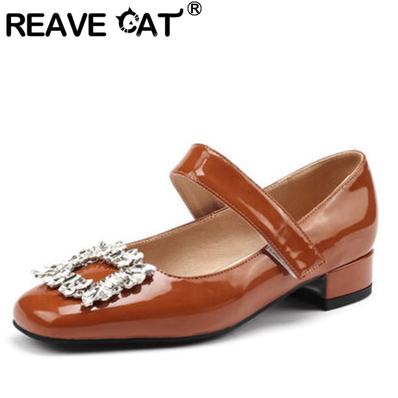 REAVE CAT 2022 Ladies Shoes Flats Square Toe Rhinestone Hook Loop Shallow Elegant Big Size 32-42 Solid Black Brown Spring S3625