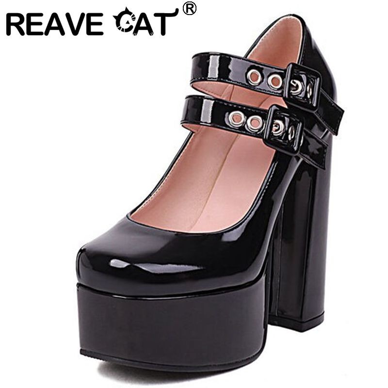 REAVE CAT Women Platform Pumps Square Toe Chunky Heels Buckle Shallow Straps Plus Size 35-41 Solid Black White Spring Party S3632