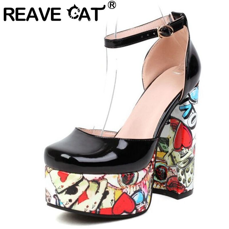 REAVE CAT 2022 Ladies Platform Pumps High Block Heels Fashion Buckle Belt Wedding Plus Size 35-41 Mix Color Black Summer S3631