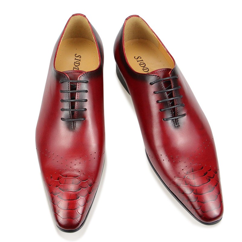 Oxford Luxury Vintage Formal Cow Leather Dress Shoes Fashion Men Lace Up Elegant Business Wedding Office Red Black Pointed Toe