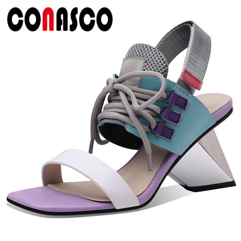 CONASCO Fashion Sexy Women Sandals Pumps Genuine Leather Exotic Heels Mixed Colors Cross-tied Woman Shoes Summer Casual Party