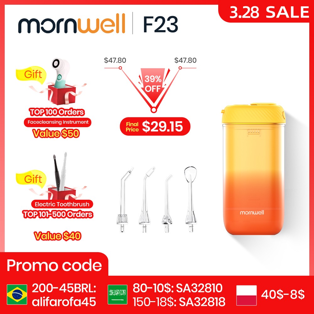 Mornwell F23 نفاثة مياه للأسنان المحمولة عن طريق الفم الري للأسنان USB قابلة للشحن جهاز تنظيف الأسنان بالماء منظف الأسنان لتبييض الأسنان