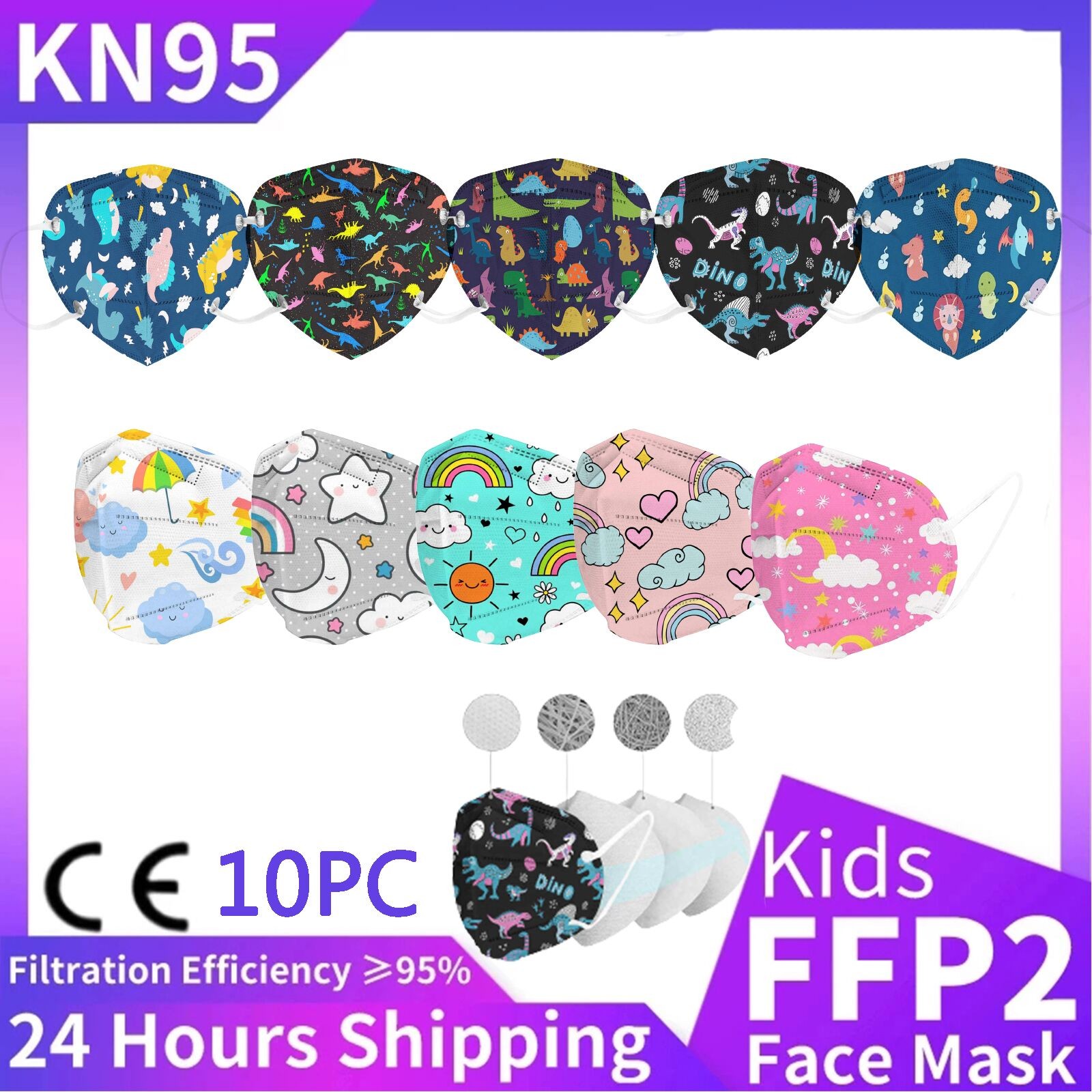 10pcs KN95 mask children mascarillas fpp2 mask cartoon dinosaur printed fish shape FFP2 CE face masks mascarillas negra