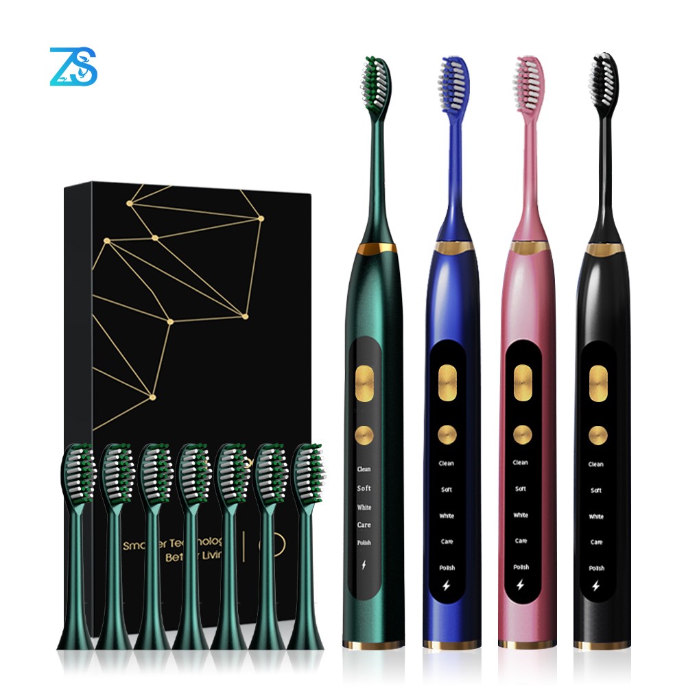 [ZS] Gold Button 5 Modes USB Charger Replacement 8 Brushes Heads Smart Timer Dental Dental For Adult Sonic Electric Toothbrush