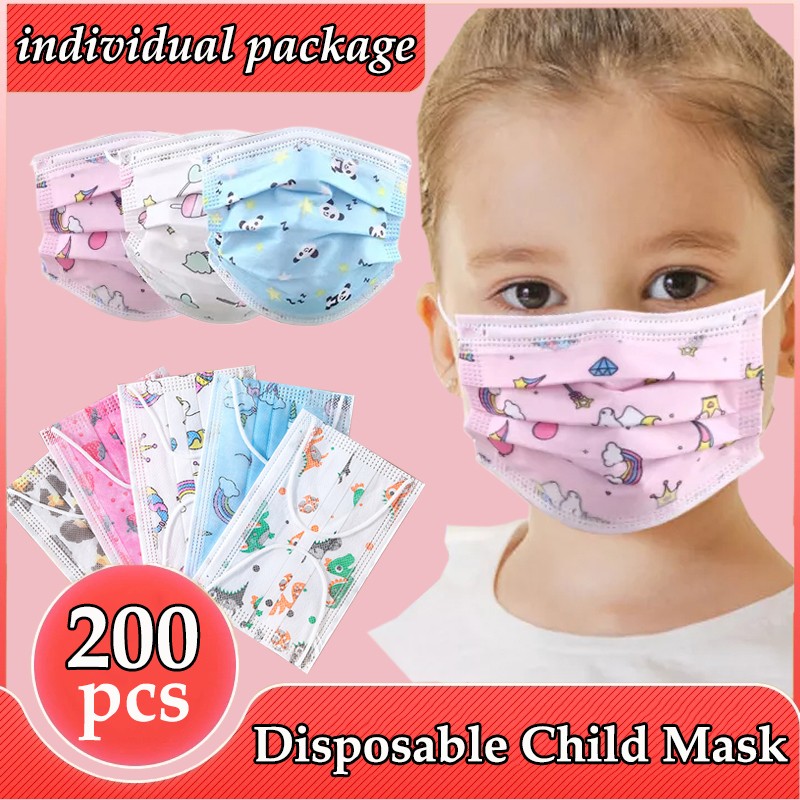 100/200pcs Disposable Kids Masks Cartoon School Bag 3-Layer Non-woven Dust Mask Disposable Child Black Mask Children's Masks