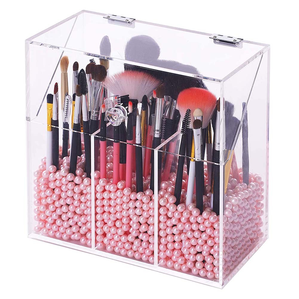 Pearl Clear Acrylic Cosmetic Brush Holder Transparent Container Dustproof Beauty Tools Makeup Organizer Pen Storage Box