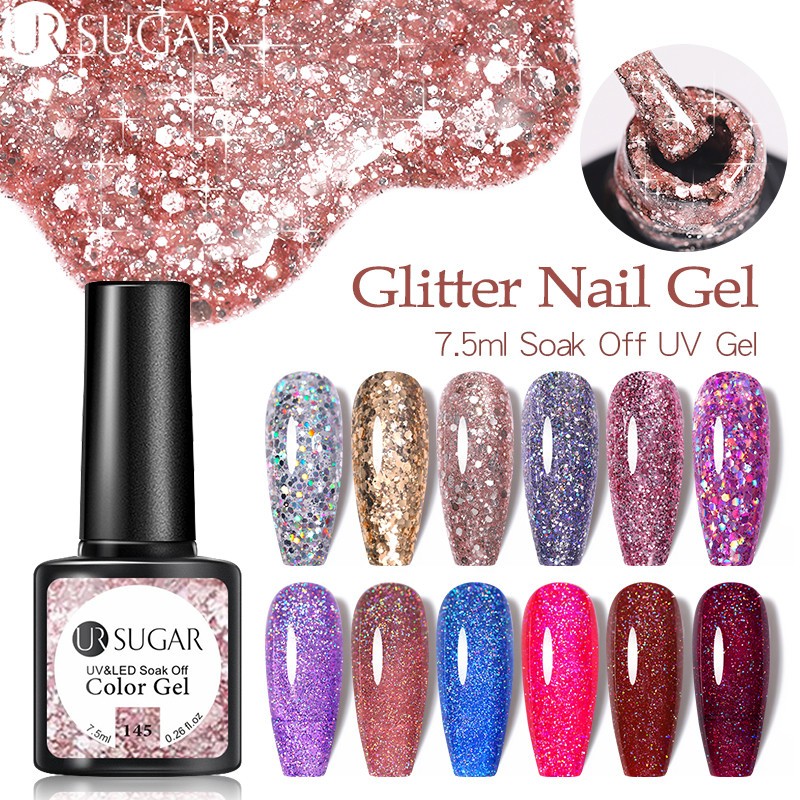 UR SUGAR 7.5ml Glitter UV Gel Polish Bling Sequins Rose Gold Silver Soak Off Manicure Nail UV Gel Polish Lacquer Base