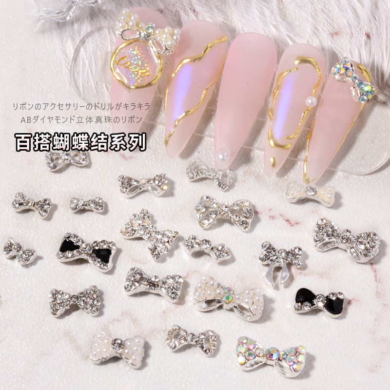 3pcs nail jewelry bow knot diamond rhinestone super flash Japanese net red hot nail decoration pearl diamond jewelry