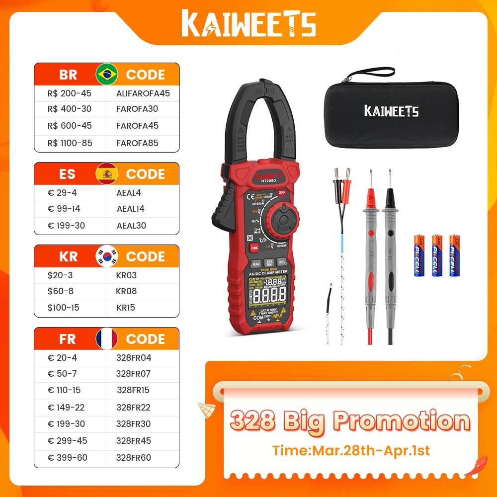 KAIWEETS HT208D AC Digital Clamp Meter Multimeter Pinza Amperimeter Correct RMS High Accuracy Capacitance Tester NCV Ohm