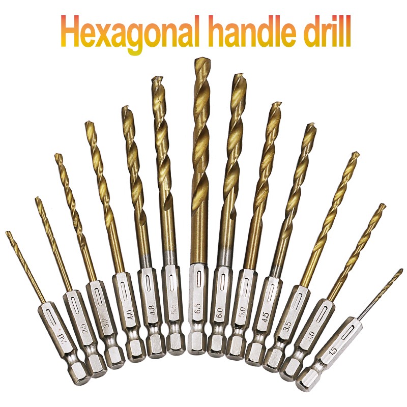 13pcs/lot HSS High Speed ​​Steel Titanium Coated Drill Bit Set 1/4 Hex Shank 1.5-6.5mm