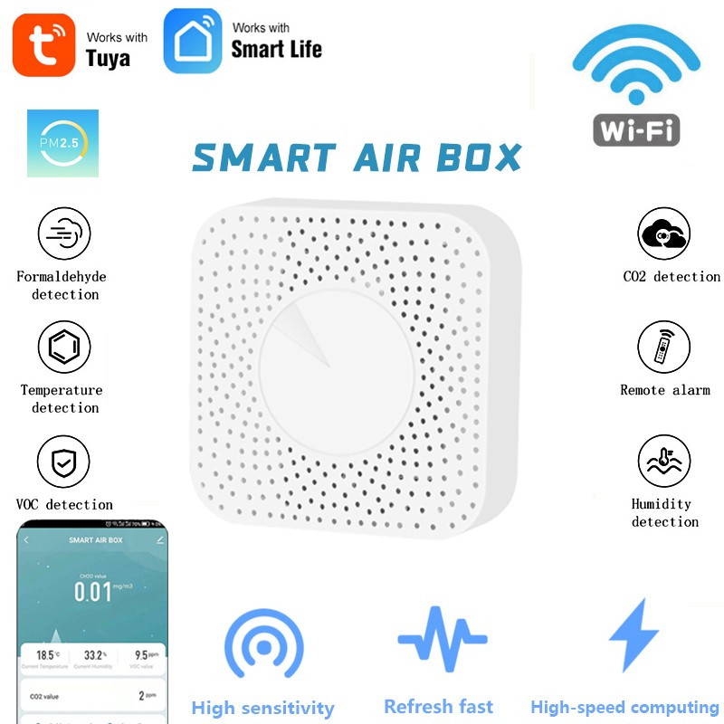 Tuya واي فاي الذكية نوعية الهواء رصد CO2 الاستشعار درجة الحرارة مقياس الرطوبة VOC HCHO PM2.5 كاشف الغاز أتمتة إنذار Dector