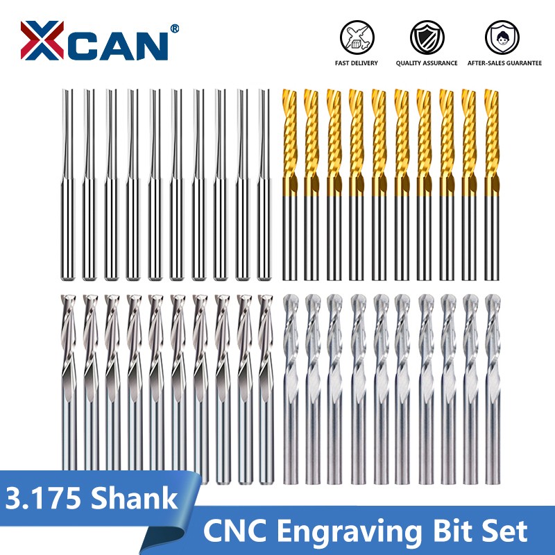 XCAN Milling Cutter 10/40pcs CNC Router Bit 3.175 Shank Ball Nose Flat Straight Milling Clip Final Flute Carbide Mining Tools