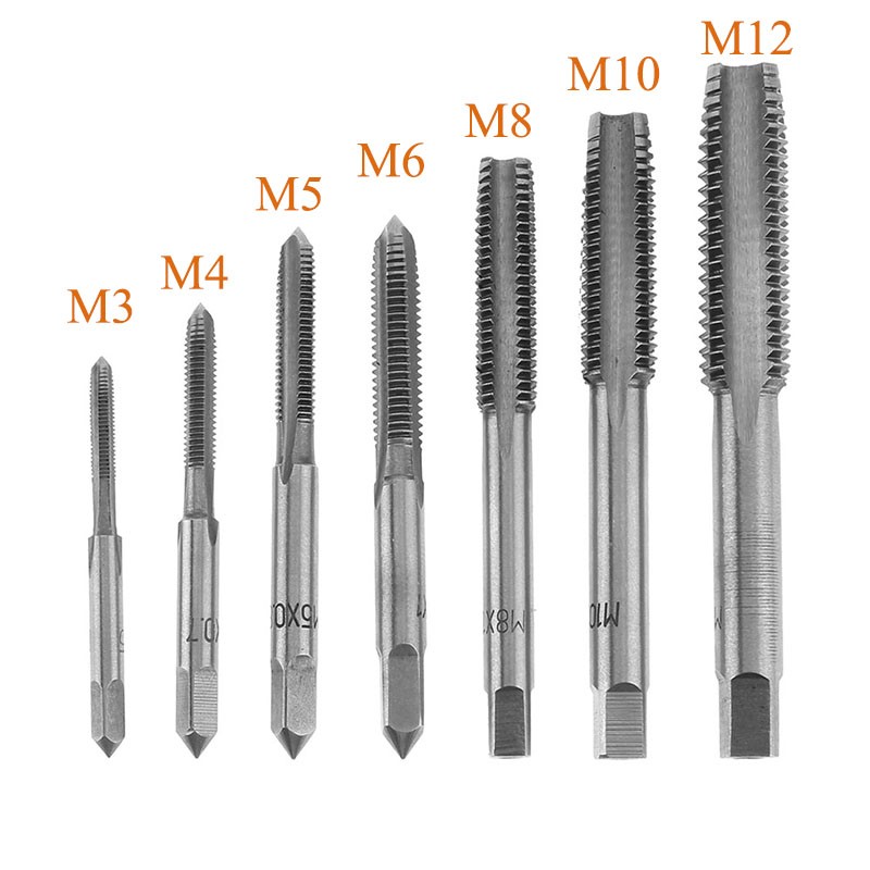 7pcs M3 M4 M5 M6 M8 M10 M12 HSS Machine Thread Metric Plug Tap Drill Bits Tapping Tools Hand Screw Thread Plug Tap Drill