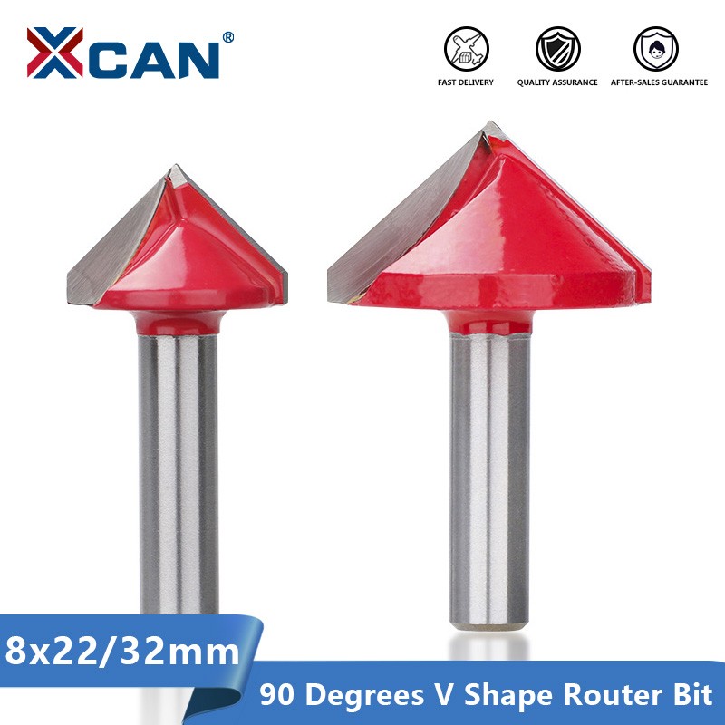 XCAN - Wood Router Bit, Shank 8mm, V Shape, 3D Engraving Drill Bit, 90 Degree, Carbide End Mill Diameter 22 32mm, Wood Milling Cutter