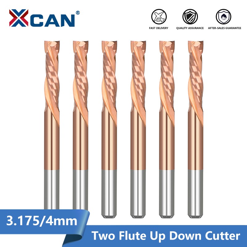 XCAN Pressure Milling Cutter 3.175/4mm Shank Wood Bottom Cut Two Flute Spiral Carbide Milling Tool CNC Router Wood For Removing Pieces End Mill