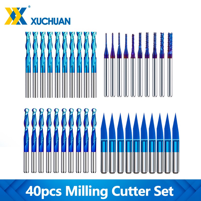 10/40pcs 3.175mm Nano Blue Coated CNC Router Bit End Mill Cutter Mini PCB Carbide Router Bits Kit for Milling Tools