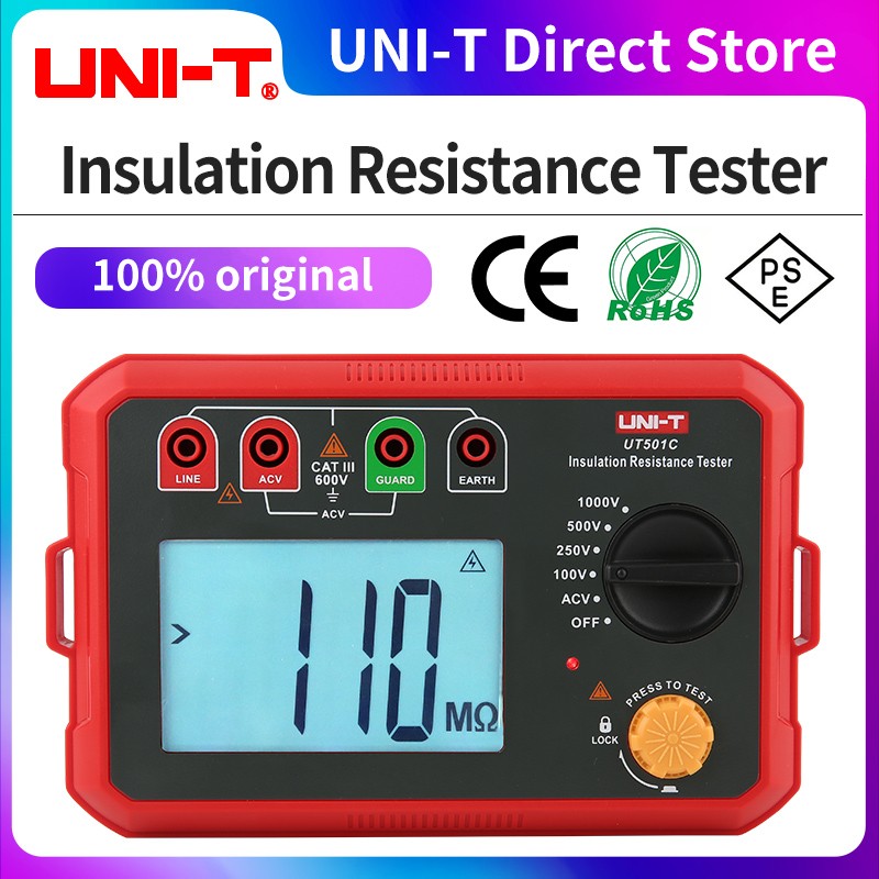 Uni-T Insulation Resistance Tester UT501C 100V 250V 500V 1000V Digital Megohmmeter 5GΩ High Voltage Motor Cable Ohm Megommeter