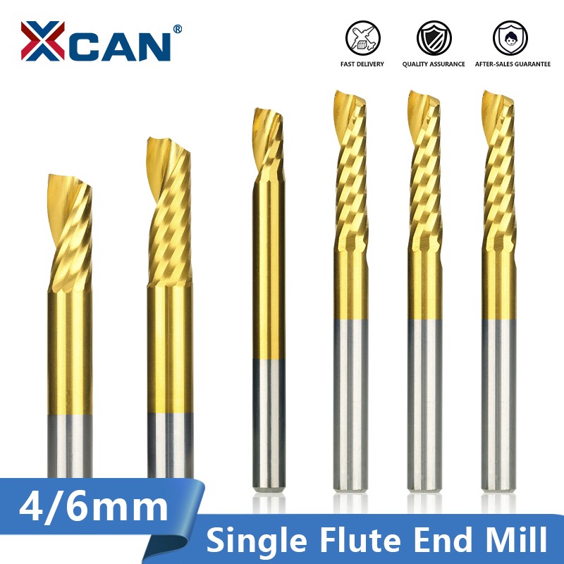 XCAN Single Flute Milling Section End 4/6mm Shank Carbide CNC Router Engraving Bits Tin Coated Straight Milling Cutter Spiral End Mills