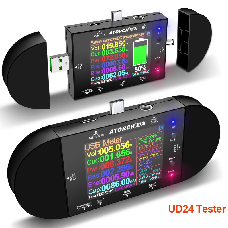 UD24 DC5.5 USB تستر Type-C 2.4 "بوصة الفولتميتر الرقمي مقياس التيار الكهربائي قوة البنك كاشف جهد فولت PD الزناد عداد كهربائي