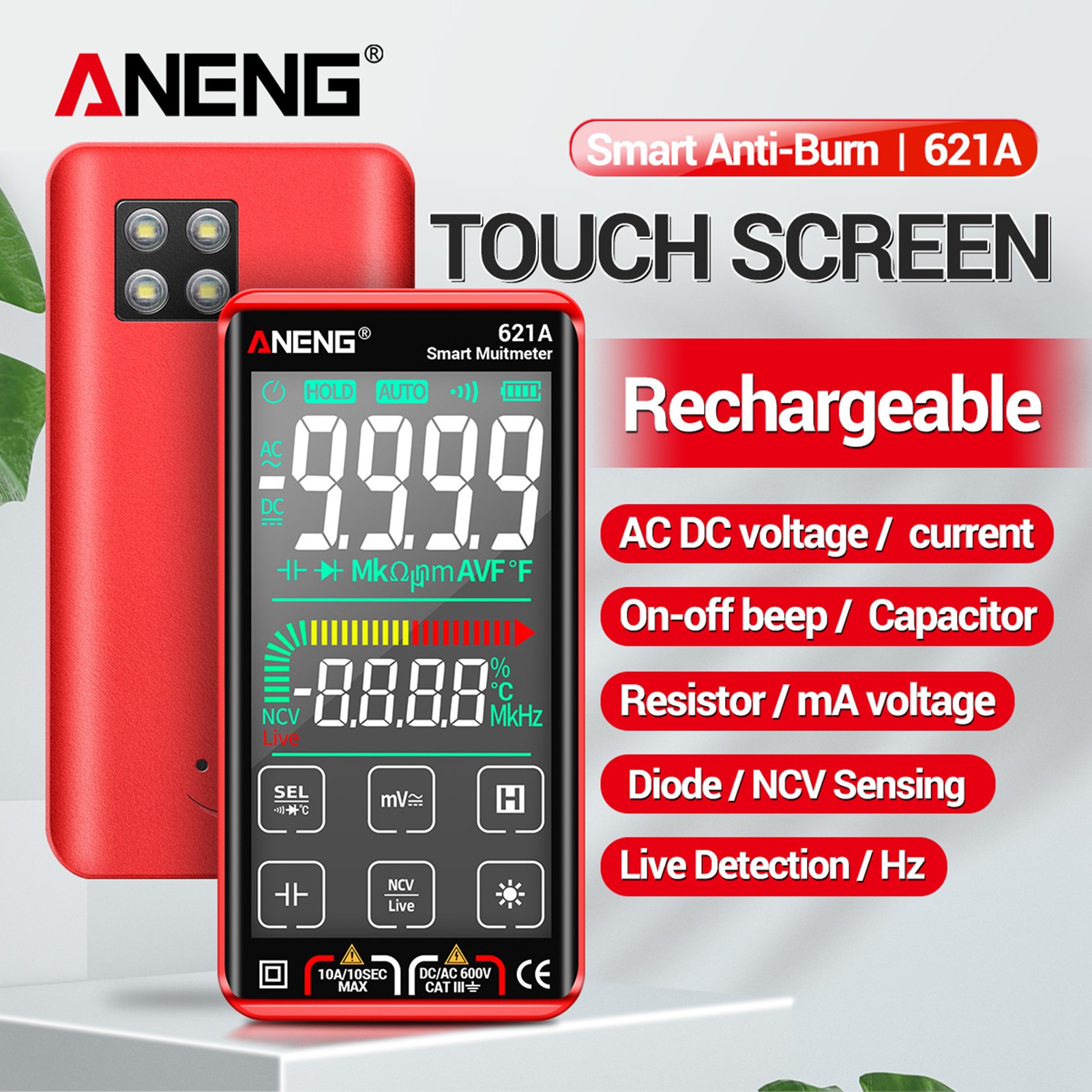 ANENG 621A Touch Screen Intelligent Digital Multimeter 9999 Counts Auto Range Rechargeable NCV Universal Meter Voltmeter Ammeter