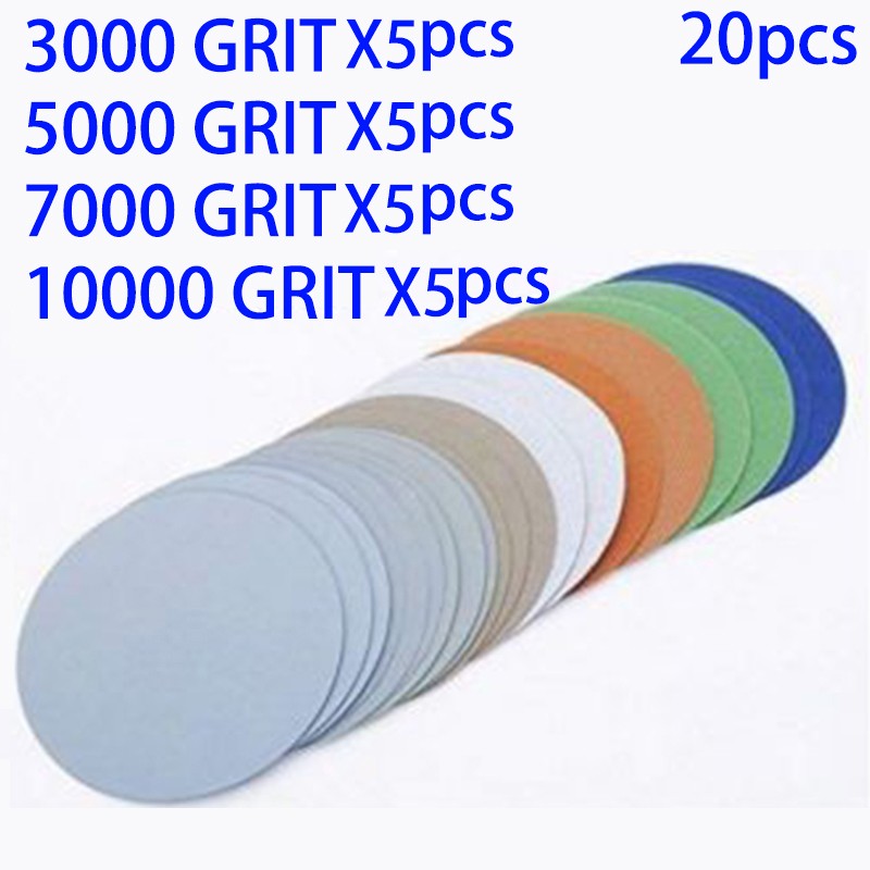 20pcs 3 inch sanding discs hook loop sanding discs grit 3000 /5000 /7000/ 10000 emery round disc sand paper and paper