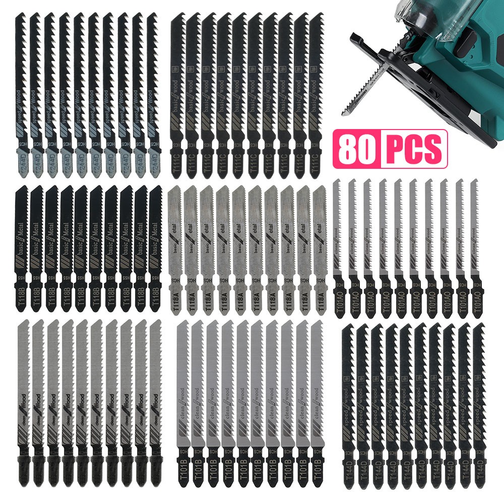 80pcs Jigsaw Blades Set T Shank Blades Fast Down Cutting Wood Metal Cutting Blades T118A/T118B/T101AO/T101B/T101BR/T144D/T244D/T111C