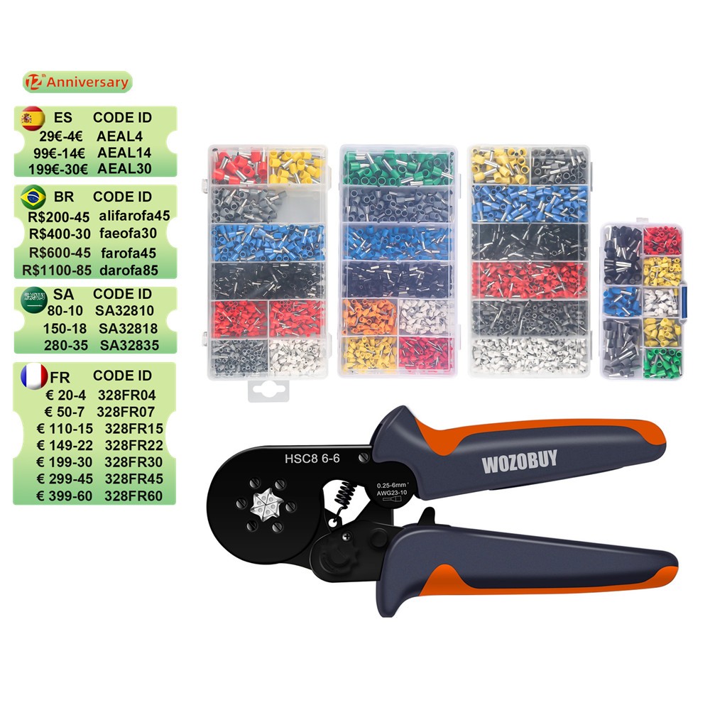 Hexagonal sawtooth self adjustable ratchet, ferrule crimping tool set, crimper kit with 400/800/1200/1800/1900pcs wire terminals