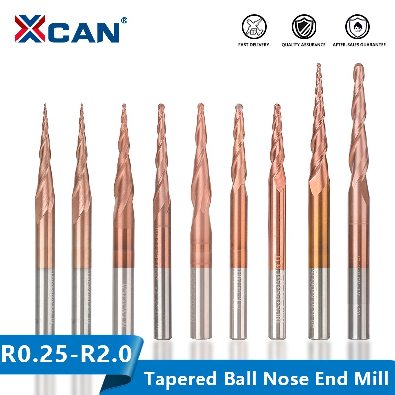 XCAN Ball Nose Tapered End Mills HRC62 Carbide CNC Carving Bits Engraving Router Bits R0.25-R2.0 Wood Metal Milling Cutter Endmill