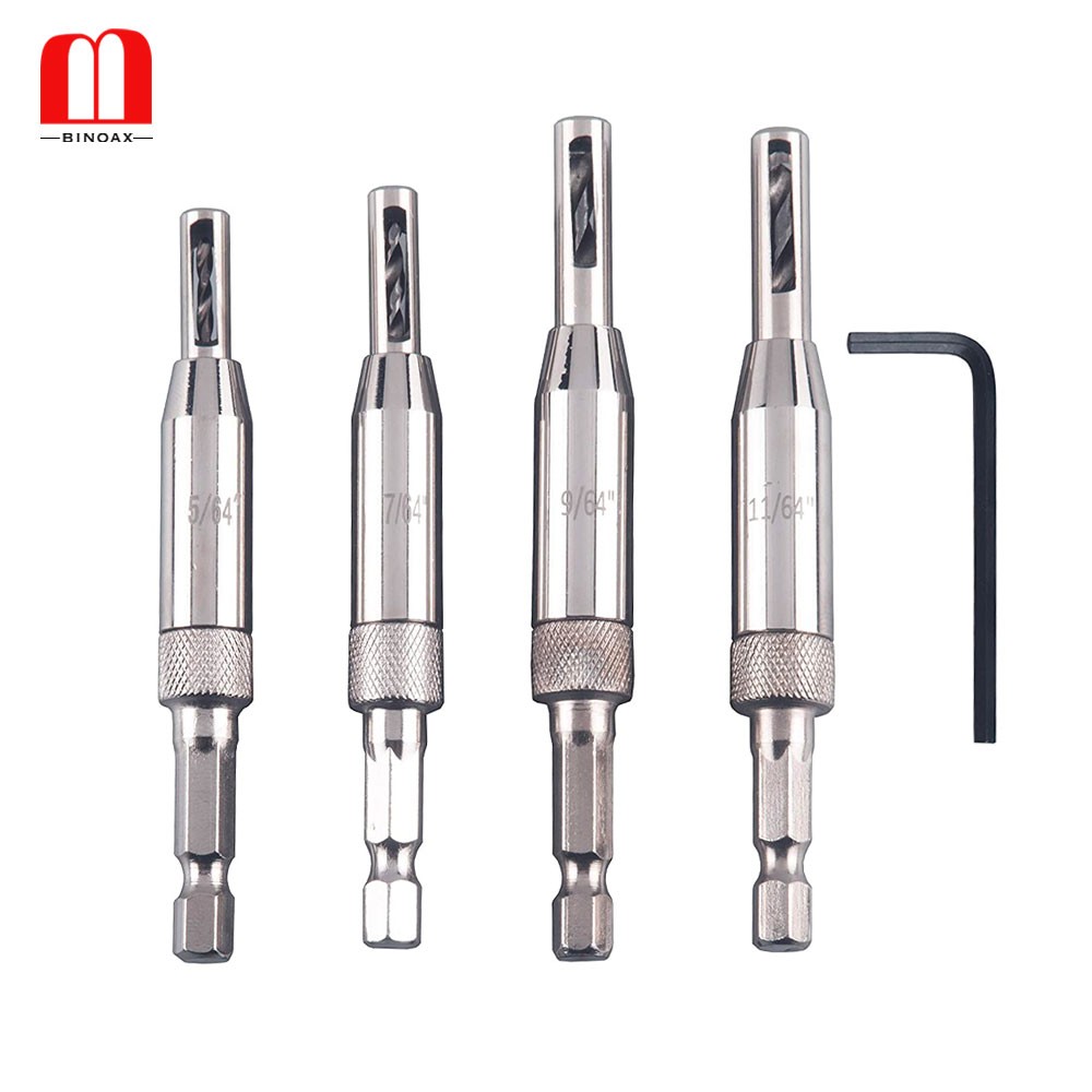 BINOAX 4pcs Self Centering Hinge Drill Bits Set Cabinet Door Pilot Holes HSS Hex Recess