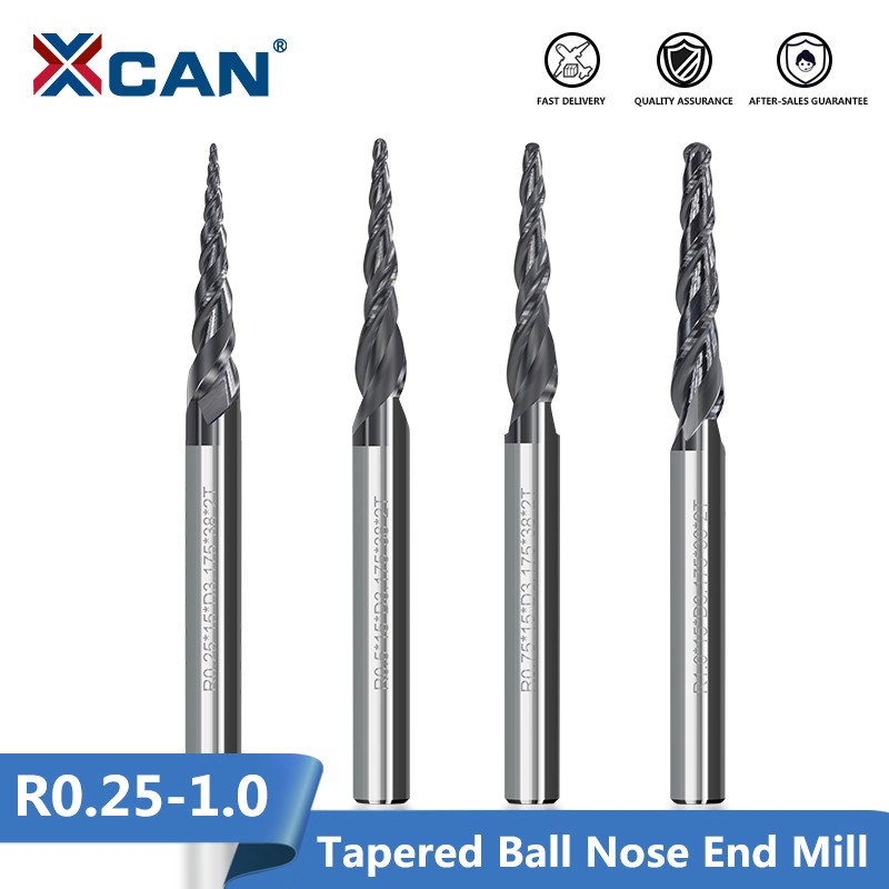 XCAN Tapered Ball Nose End Mill 1PC R0.25/R0.5/R0.75/R1.0 3.175mm Shank Carbide Wood Engraving Bit CNC Router Bit Milling Cutter