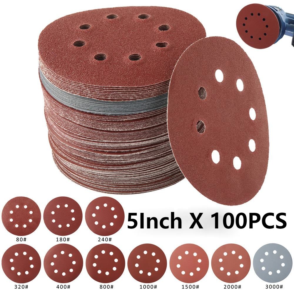 100pcs 5 inch 125mm round emery eight hole sanding disc set 80-3000 hook and loop abrasive sander paper use for polishing tools