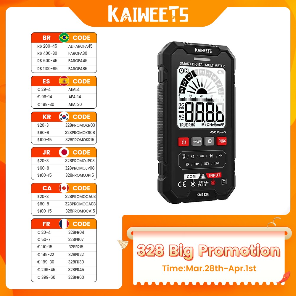 KAIWEETS KM312B Digital Multimeter 600V Capacitance Meter Ohm Hz Multimeter Tester RMS DC DC DMM